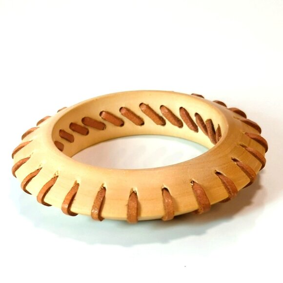 OOAK Handcrafted Maple Wood Leather Bangle Bracelet Rustic Boho Artisan Jewelry - Picture 2 of 7